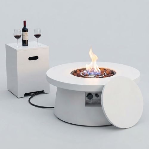 HOTEAGLE Round Propane Fire Pit Table with Tank Cabinet