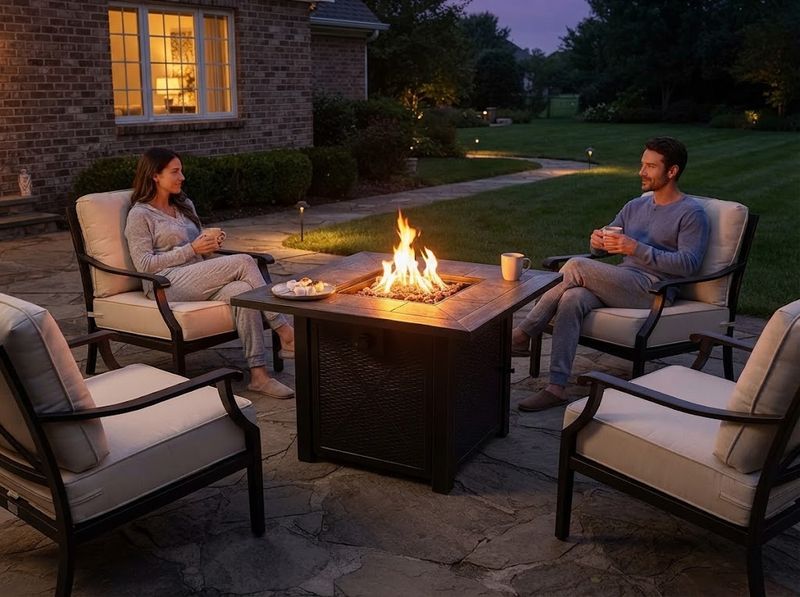 HOTEAGLE fire pit table with the cabinet panel open showing the propane cylinder
