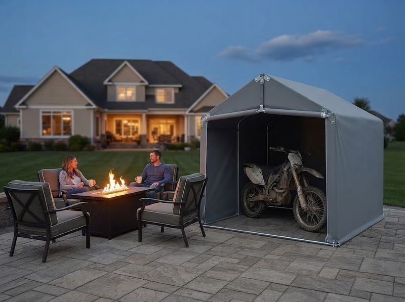 HOTEAGLE portable storage shed with the door rolled open and bikes inside