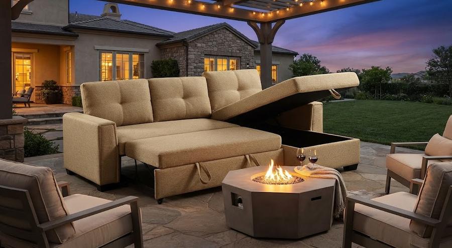 HOTEAGLE sleeper sofa with the trundle bed pulled out in a small living room