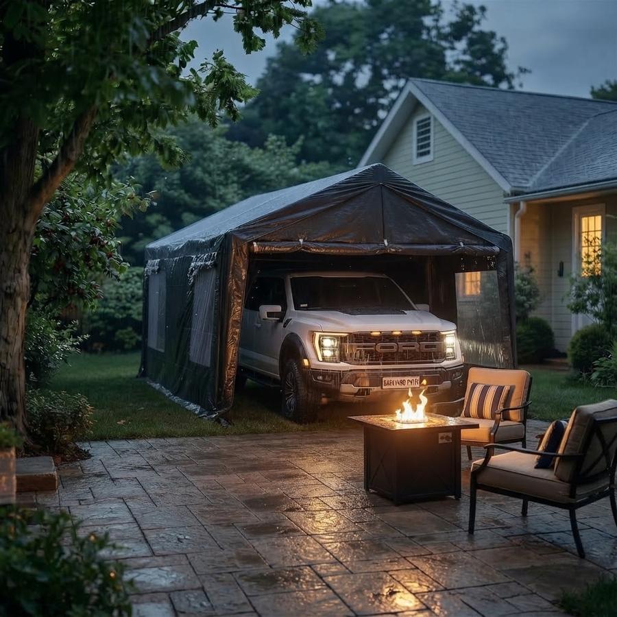 HOTEAGLE heavy-duty carport on a driveway with a full-size pickup parked inside